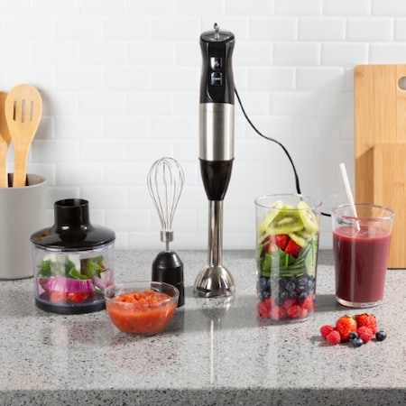Hastings Home Immersion Blender 4-In-1 6 Speed Hand Mixer Set Whisk, Food Processor Cup, 32oz. Beaker, for Soup 851439FCZ